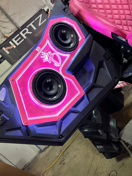2025 Polaris RZR Pro regular cab door pods with pink illuminated acrylic and dual speakers