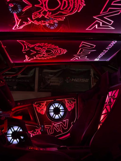 Can-Am Maverick R 2-seater custom door pods with illuminated acrylic and speakers