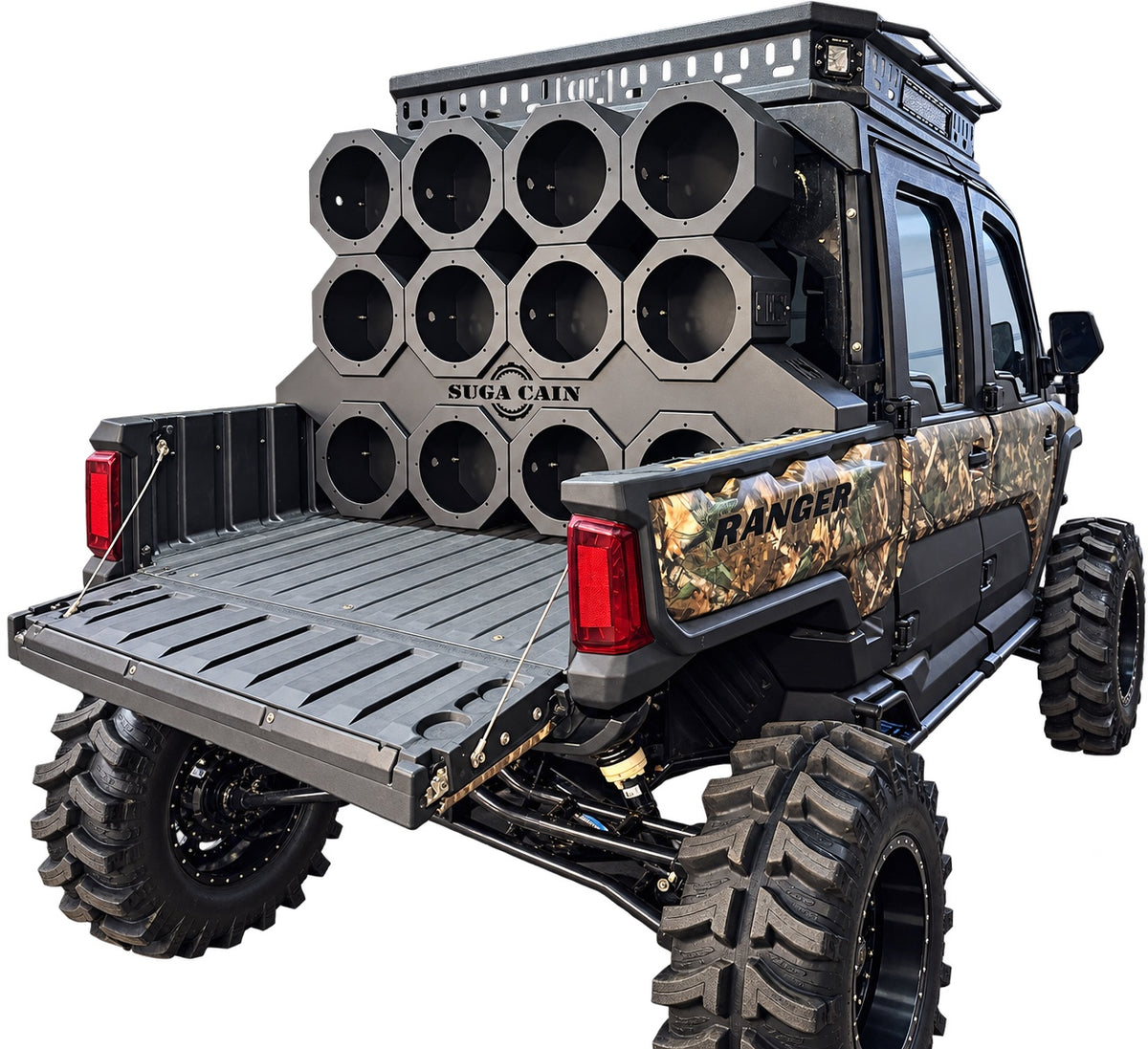 Empty Polaris Ranger 1500 stunt wall with 12 empty 10 inch tower cans and tower bar