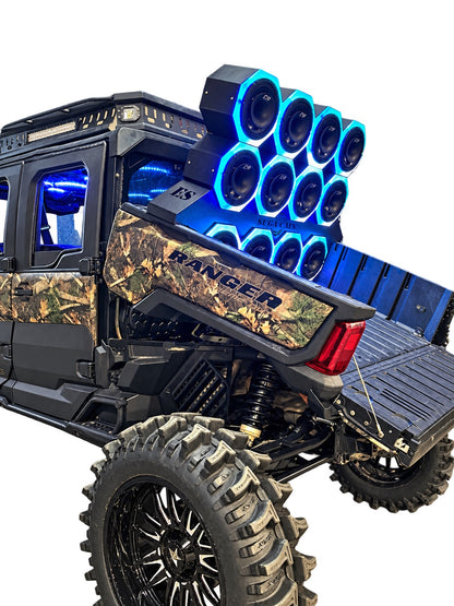 Installed and illuminated example; speakers and light rings not included