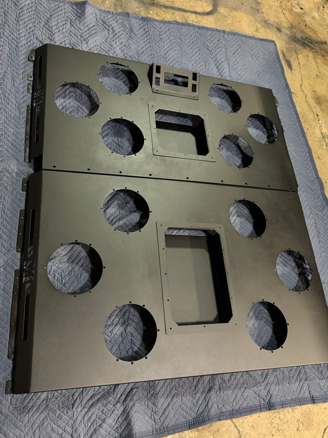 Empty two-piece Polaris Ranger XD 1500 Crew metal roof pan set for twelve 8-inch speakers